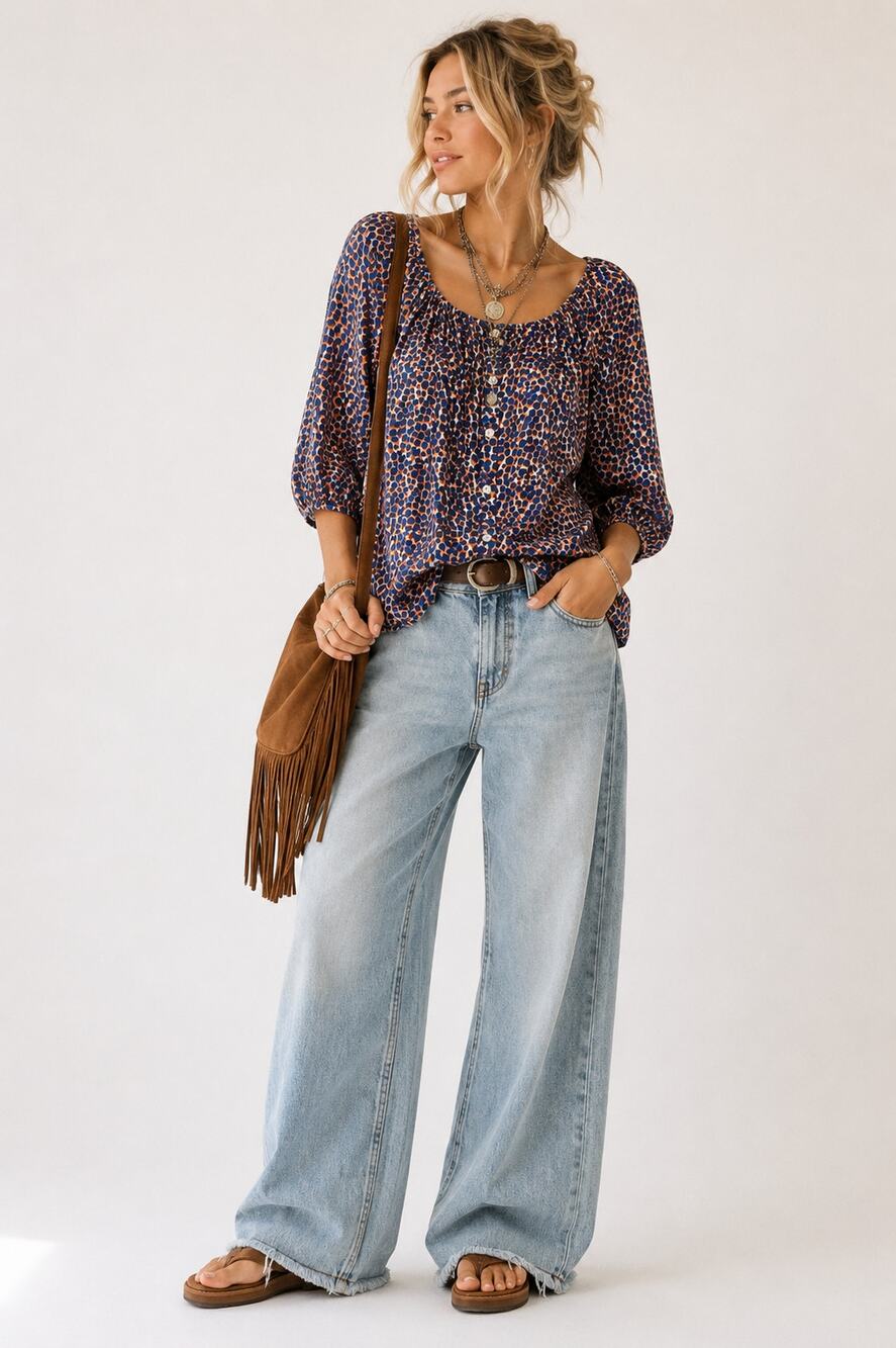 Ann Taylor Blue & Orange Spotted Peasant Boho Blouse Womens S Buttons 3/4 Sleeve